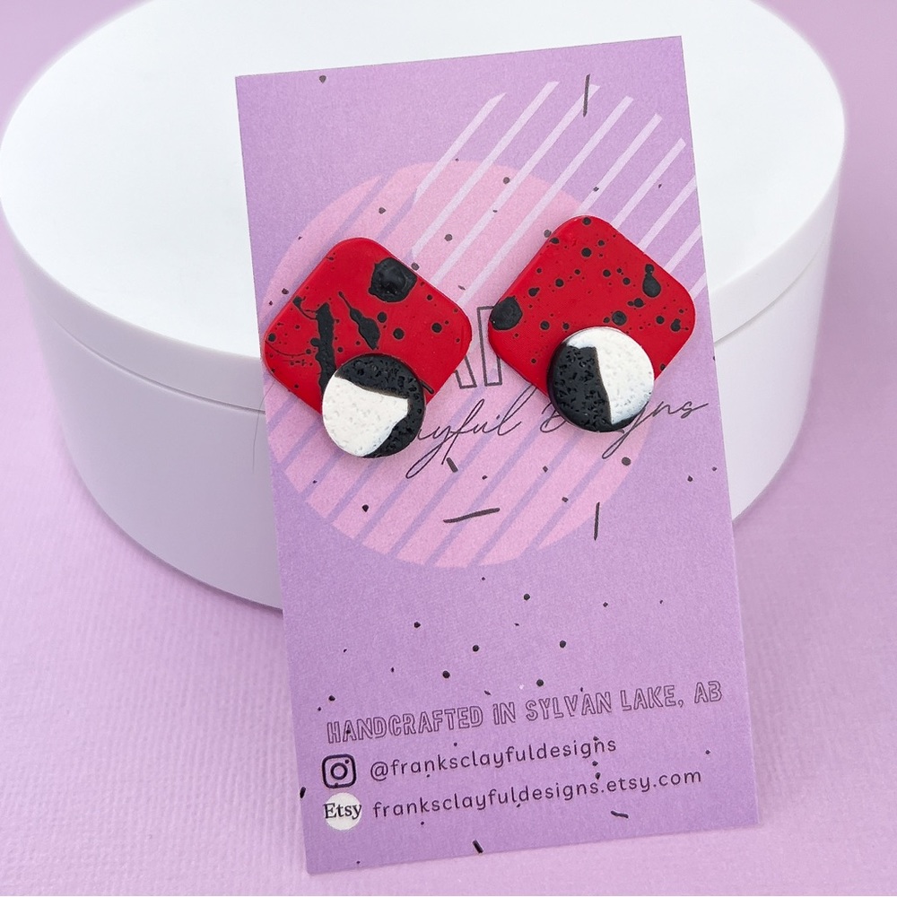 Black White Abstract Pattern Red Black Splatter Polymer Clay Stud Earrin…